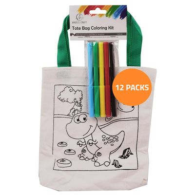 Angels Craft 12 Pack Coloring Tote Bag Kit - Cute Dinosaur Pre Drawn Design with 5 Markers for Creative Fun Painting - Ideal for Gifts Birthday Bags