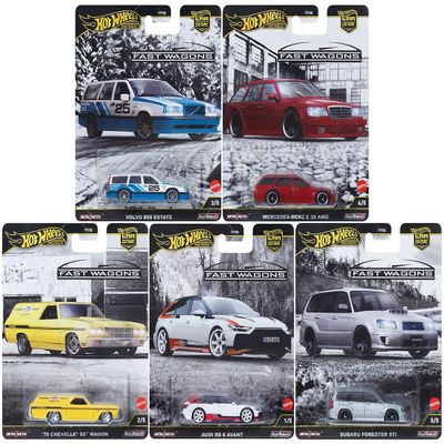 1:64 Scale Diecast Model Car Compatible with Hot Wheels Premium Car Culture Fast Wagons J Case Set of 5 Cars, FPY86-961J
