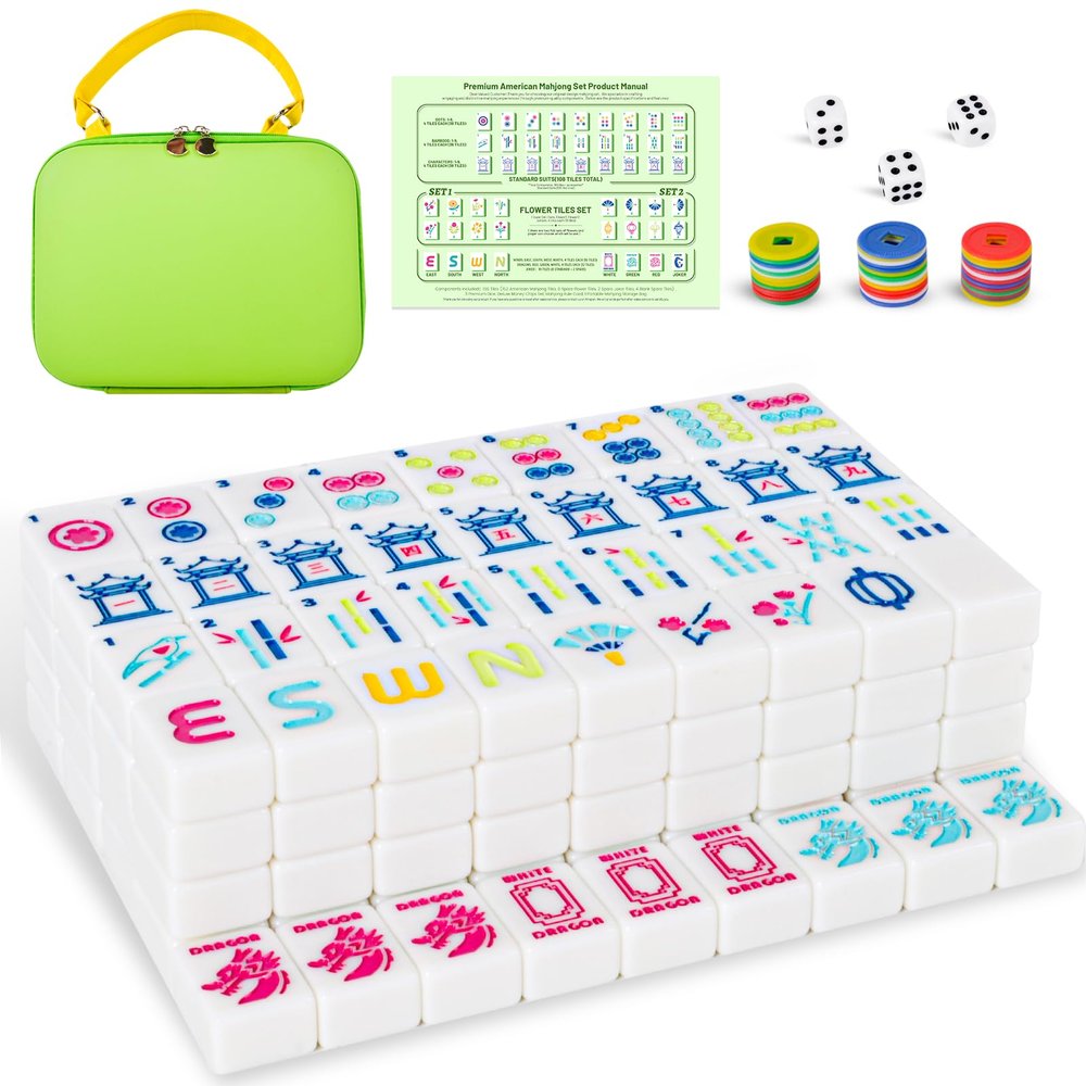 American Mahjong Tile Set Equipped with Mahjong Bag, 166 Quality White Engraved Tiles, 1.2 inch Mahjong Tiles Set with Carrying Bag/Dice/Chips, Creative Design Patterns, Ideal Mahjong Gifts (No Rack)