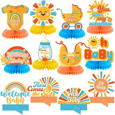 12 Pcs Here Comes The Son Baby Shower Decorations Honeycomb Centerpieces Welcome Here Comes The Son Table Decoration Sunshine Rainbow Bottle Stroller Table Topper for Baby Shower Party Favor