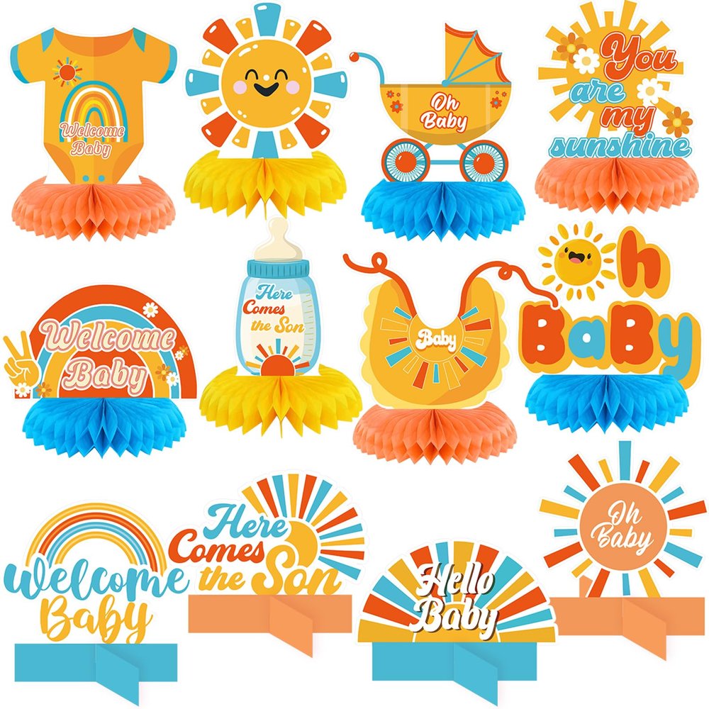 12 Pcs Here Comes The Son Baby Shower Decorations Honeycomb Centerpieces Welcome Here Comes The Son Table Decoration Sunshine Rainbow Bottle Stroller Table Topper for Baby Shower Party Favor