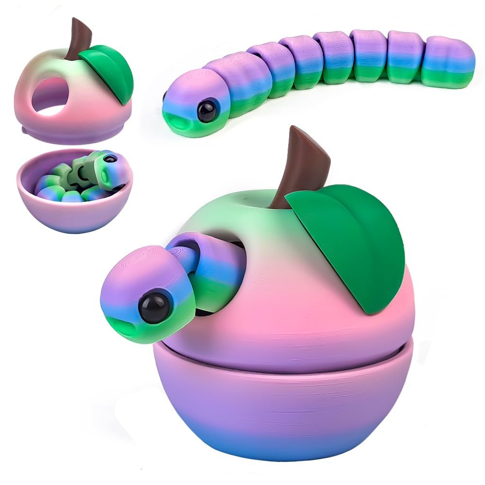 3D Printed Apple Container with Worm Flexi Inside,3D Printed Animals Toys,STEM Educational Toy for Nature Learning,Fun Sensory Fidget Toy for Kids, Unique Fun Decoration (Rainbow)