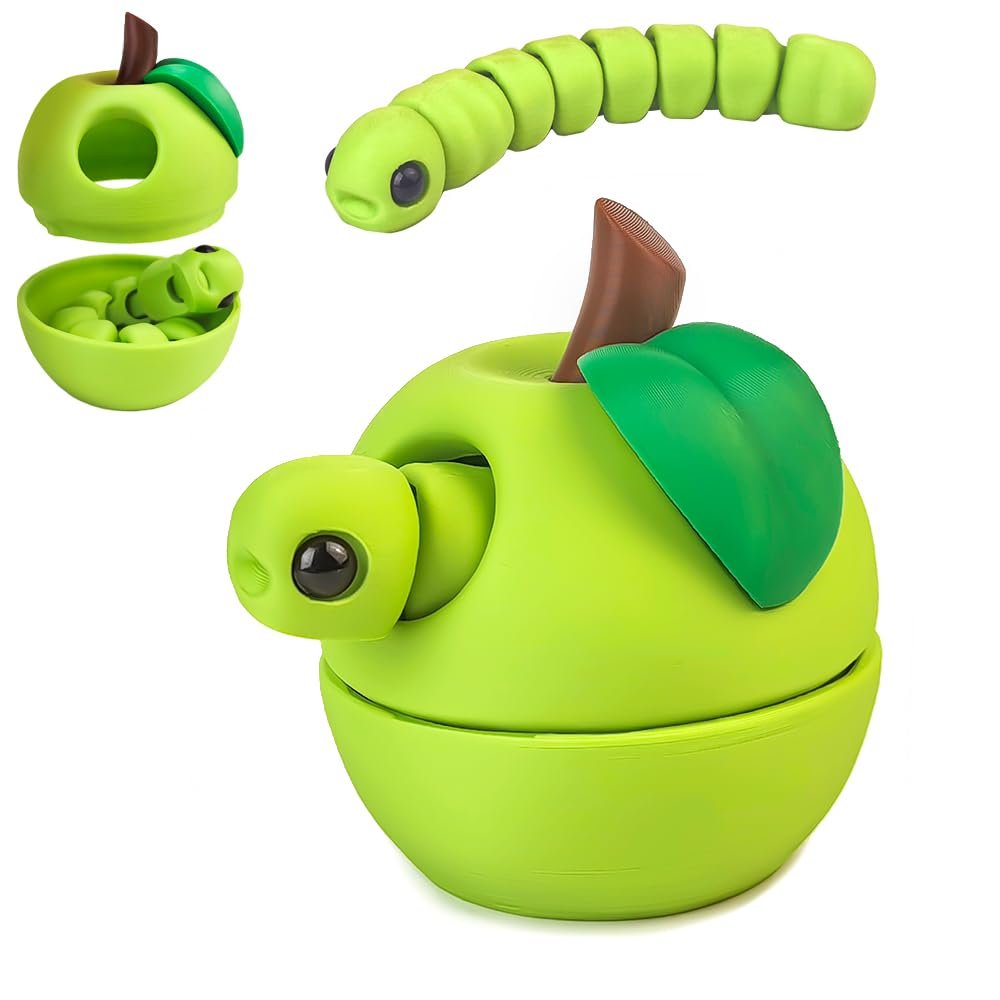 3D Printed Apple Container with Worm Flexi Inside,3D Printed Animals Toys,STEM Educational Toy for Nature Learning,Fun Sensory Fidget Toy for Kids, Unique Fun Decoration (Green)