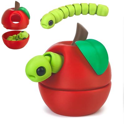3D Printed Apple Container with Worm Flexi Inside,3D Printed Animals Toys,STEM Educational Toy for Nature Learning,Fun Sensory Fidget Toy for Kids, Unique Fun Decoration (Red)