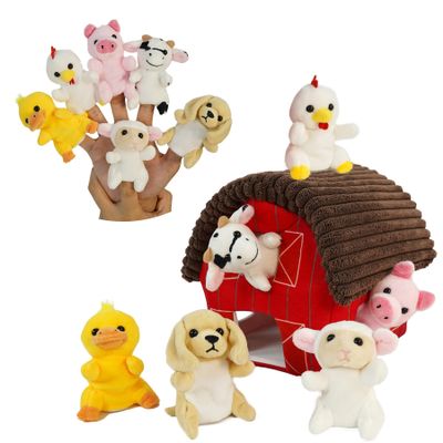 JUSTQUNSEEN 6 Pcs Farm Animals Finger Puppet with Farm Houses, Realistic Soft Plush Toy for Kids, Novelty Animals Toys Role-Playing Story Finger Puppets Plush Finger Puppets Gifts for Boys and Girls