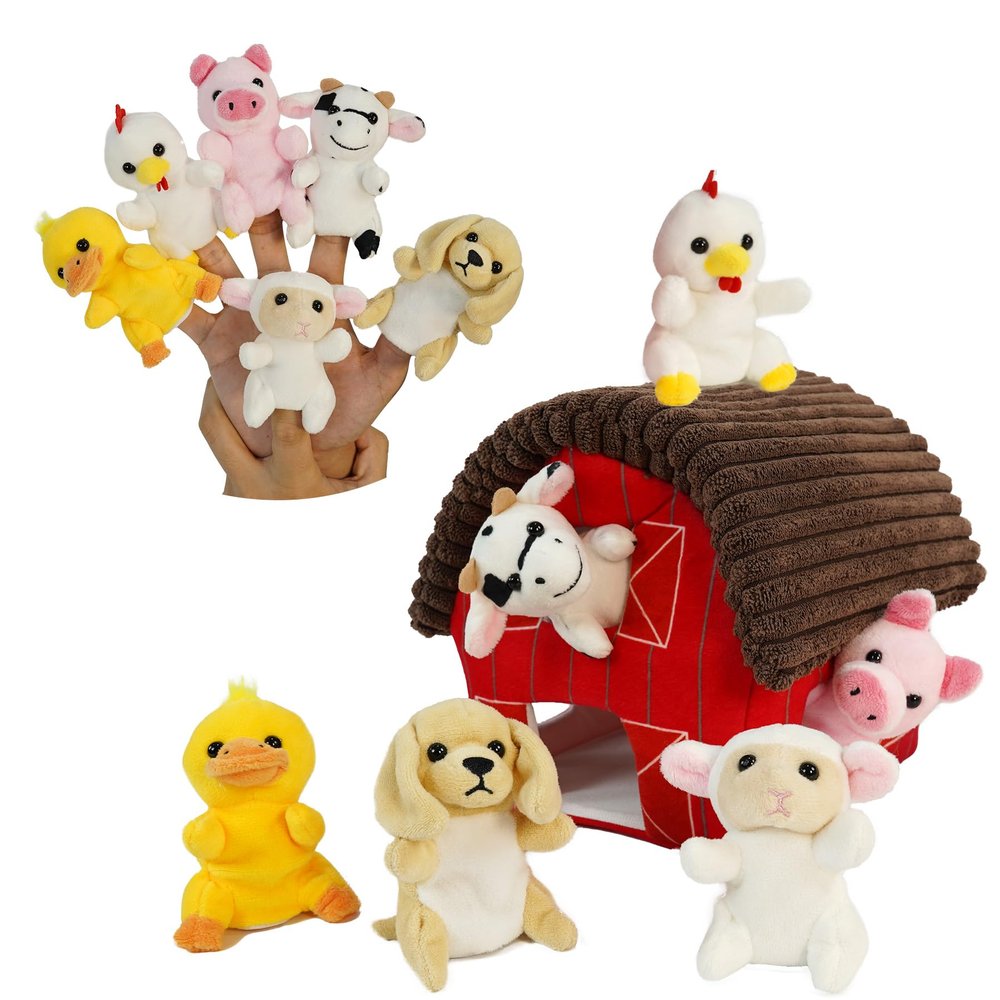 JUSTQUNSEEN 6 Pcs Farm Animals Finger Puppet with Farm Houses, Realistic Soft Plush Toy for Kids, Novelty Animals Toys Role-Playing Story Finger Puppets Plush Finger Puppets Gifts for Boys and Girls