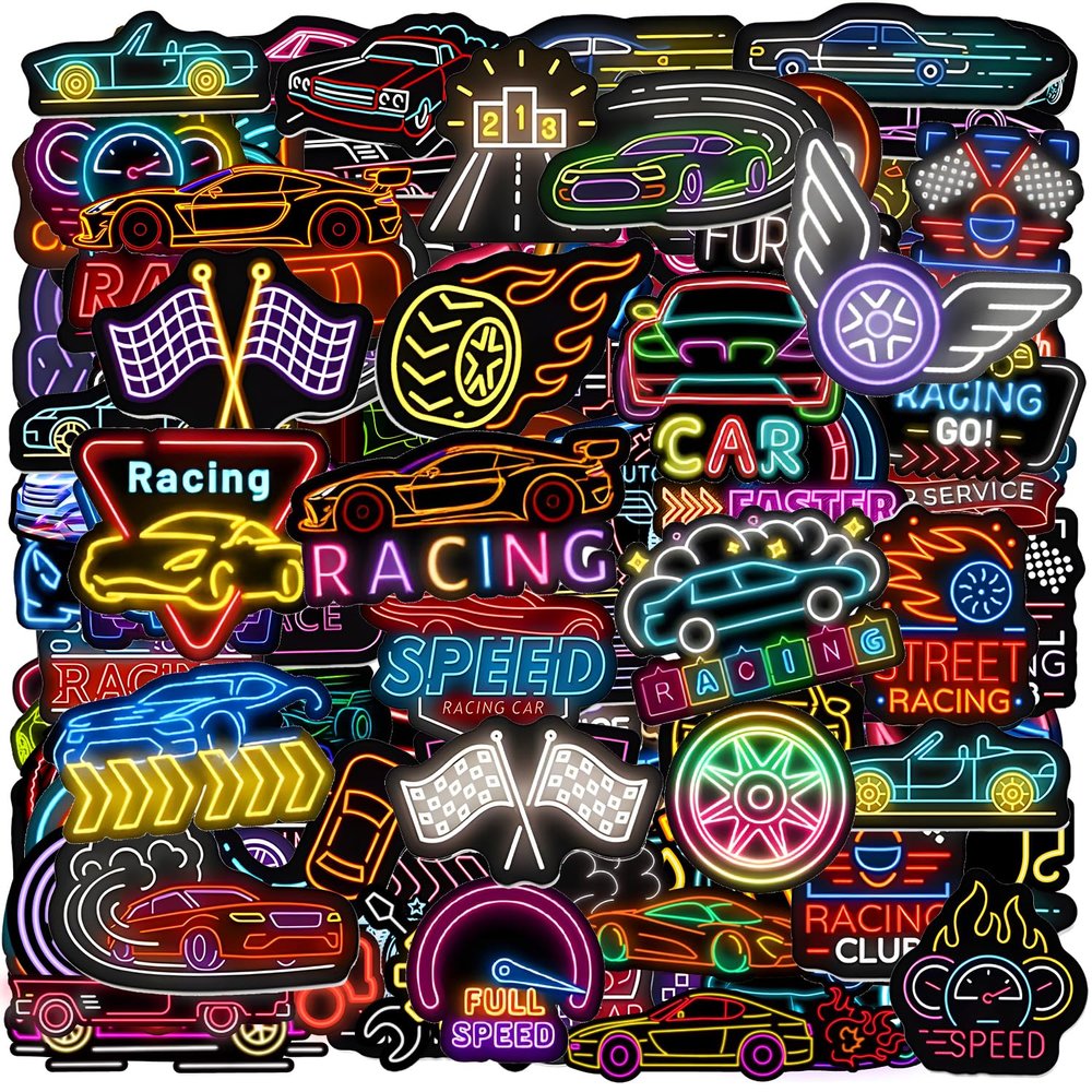 120PCS Neon Race Car Stickers, Race Car Party Favors Supplies Wheels Birthday Party Decorations Racing Decor Racing Car Stickers for Water Bottle Laptop Skateboard Computer Phone Bike Luggage