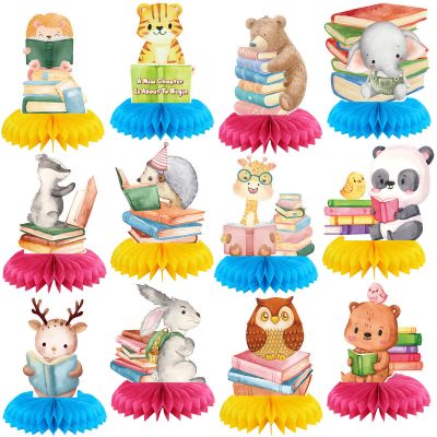 12 Pcs Book Party Decorations a Chapter Is About to Begin Honeycomb Centerpieces Book Animal Storybook Table Decoration Lions Tigers Bears Elephants Table Topper for Party Decor