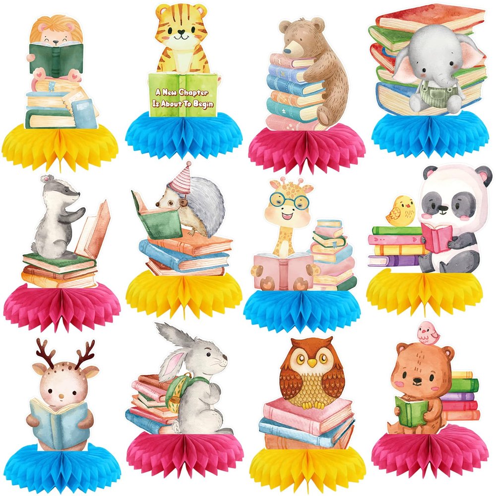 12 Pcs Book Party Decorations a Chapter Is About to Begin Honeycomb Centerpieces Book Animal Storybook Table Decoration Lions Tigers Bears Elephants Table Topper for Party Decor