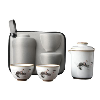 Chinese-style local travel tea set, retro portable hand-held teapot - childlike fun [storage bag]