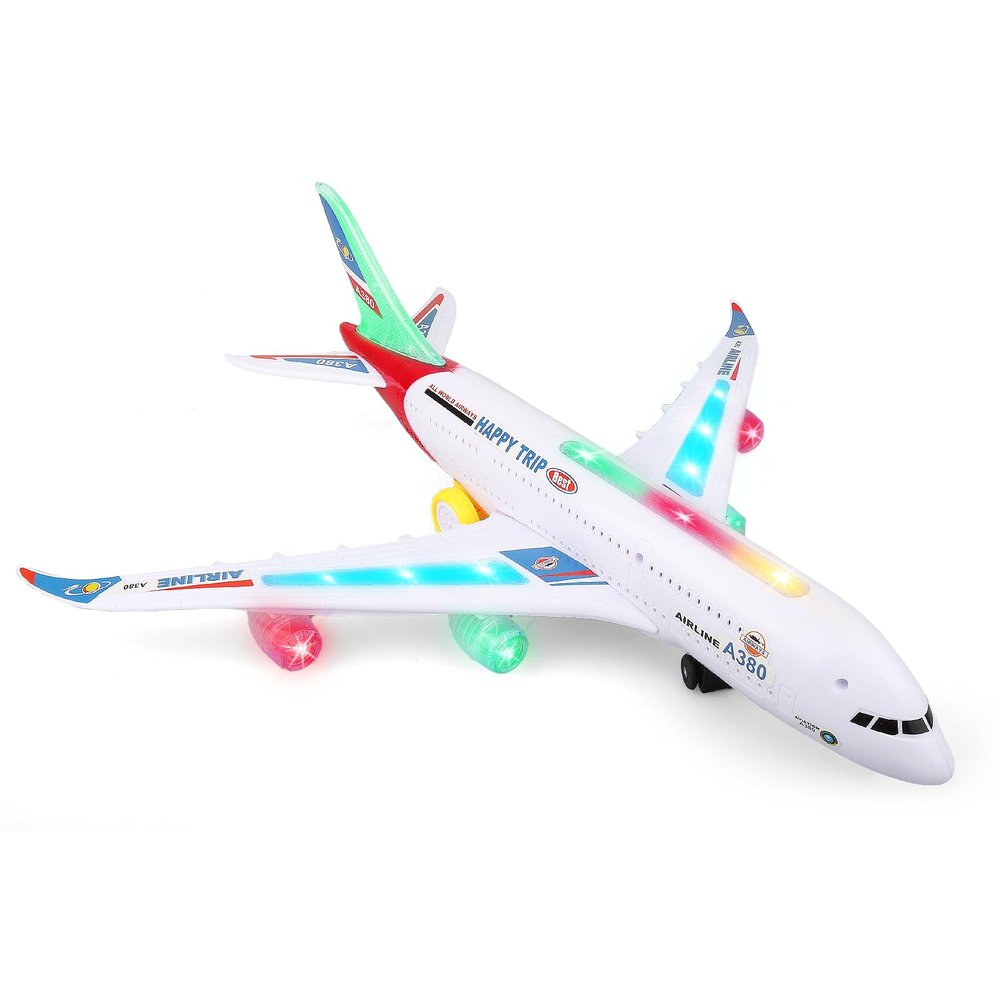 AtomDream Tech Bump and Go Airplane Toy with 4D Lights & Sounds, Realistic Moving Plane with Automatic Direction Change, Interactive Aircraft Toy for Boys & Girls Ages 312, (Red)