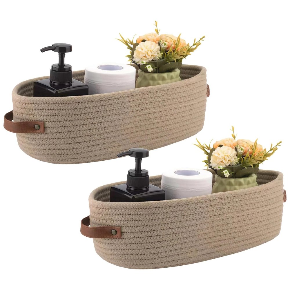 2-Piece Oval Storage Baskets, Woven Cotton with Leather Handles, Perfect for Nursery and Bathroom Organization