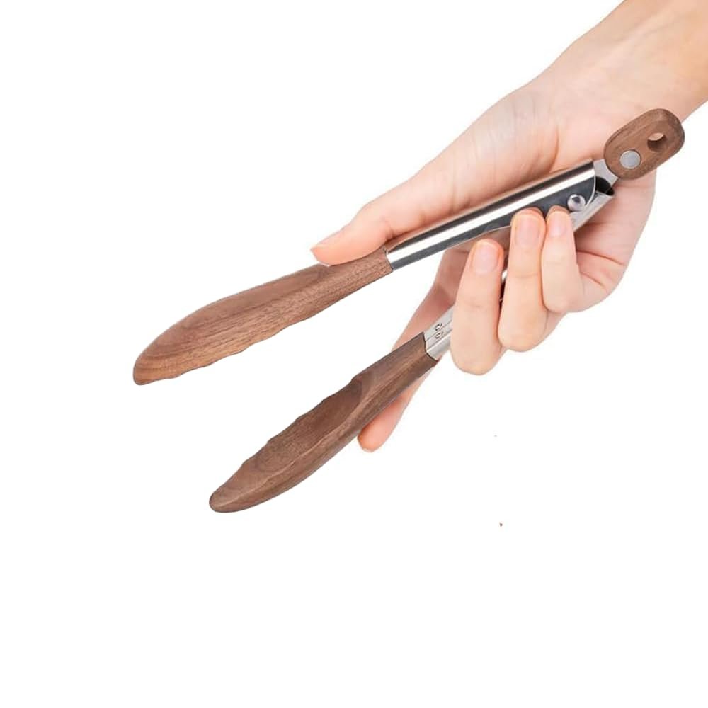 6-Inch BBQ Tongs - Wooden Kitchen Utensils for Grilling, Baking, and Serving