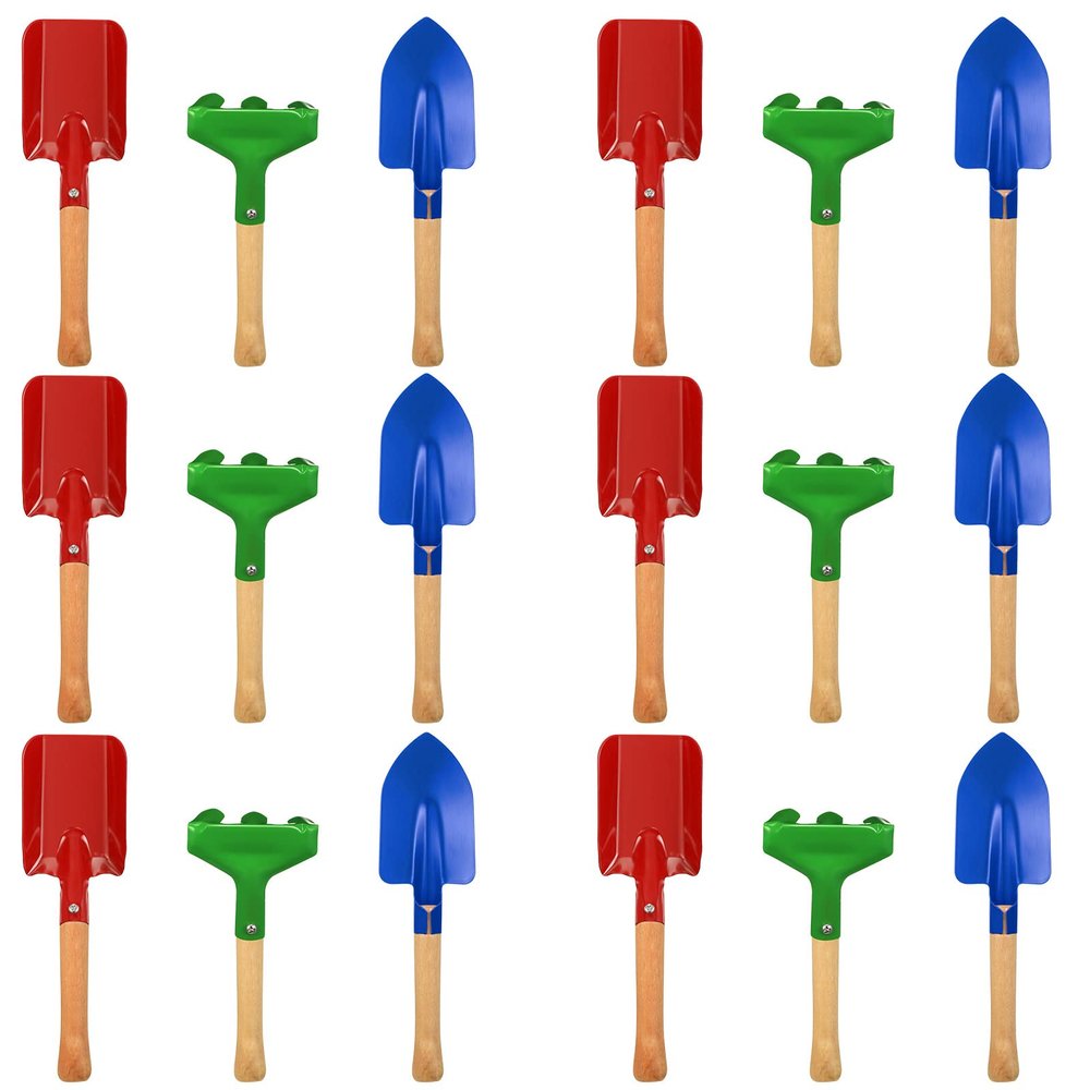 Tarpop 9 Pcs Kids Gardening Tools Set, Metal Kids Yard Tools with Sturdy Wooden Handle Safe Children Beach Sandbox Toy Sand Play Kit for Flower Soil Planting Loosening Digging, Trowel, Rake, Shovel