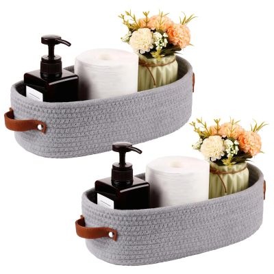 2 Oval Cotton Rope Baskets with Leather Handles, Ideal for Nursery & Bathroom Use