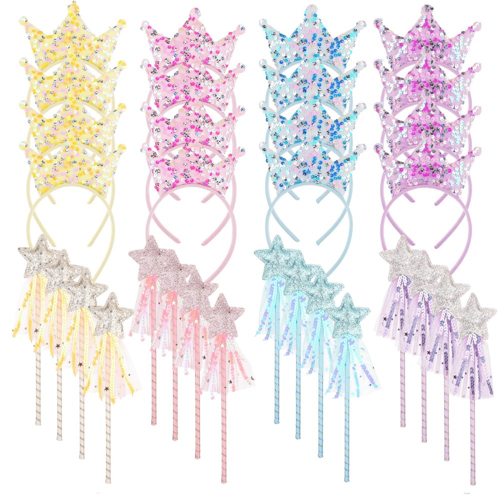 32Pcs Princess Wands Party Favors Glitter Star Fairy Wands Magic Wand Glitter Sequin Headbands Girls Pink Sequins Five-Pointed Star Fairy Wand Princess Pretend Jewelry Toys for Birthday Party Decor