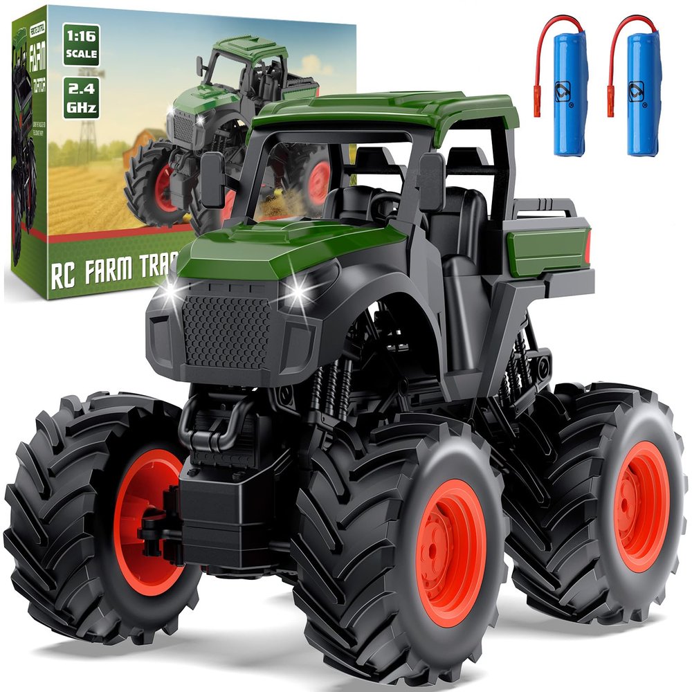 1:16 Remote Control Tractor Toy, RC Monster Truck for boys age 4-7, RC Truck with 2800mAh, LED Lights, Realistic Working Sounds, Green Toy Vehicle Birthday Gift for Kids Boys Girls 4-12 Year Old