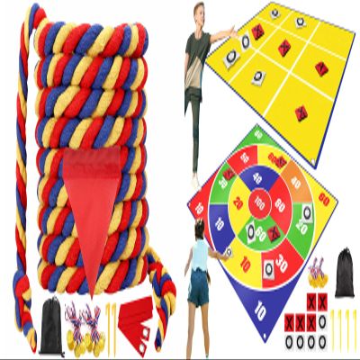 2-in-1 Giant Yard Games Bean Bag Toss & Large Tic Tac Toe Tug of War Rope Field Day Outdoor Games for Kids Adults Family-Backyard Fun Carnival Easter Party Giant Game