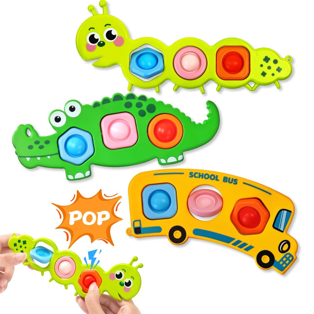 3PC Fidget Popper Sensory Toys for Toddlers Girls, Easter Basket Stuffer Boys Gifts Goodie Bags Airplane Travel Activities Pop it Fidget Toys for 12+ Month Babies 1 2 3 Year Old Valentine Day Gift