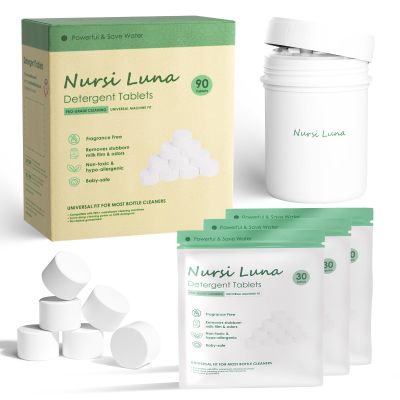 Nursi Luna Detergent Tablets for All Brands Baby Bottle Washers, 90 Count Gentle Formula Baby Bottle Washer Tablets with Storage Container, Fast-Dissolving, Efficiency Removes Milk Residue & Odor