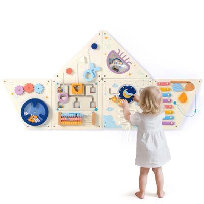 Pillowhale Tangram Activity Wall Busy Board Panels, 12-in-1 Learning Activity Center, Wooden Montessori Sensory Toys for Toddler Playroom, Nursery, Daycare, Classroom, Dentist Waiting Room