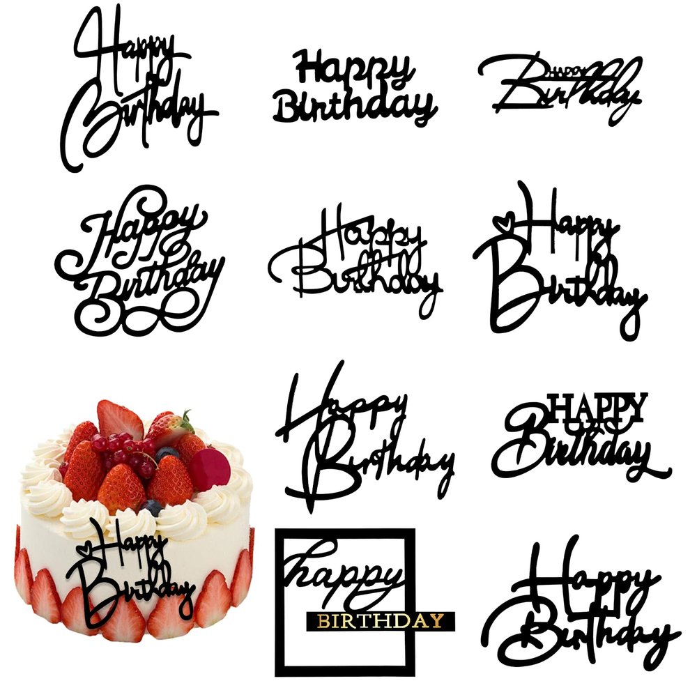 10 Pcs Black Happy Birthday Cake Topper Mirrored Side Cake Decorations Cake Inserts Cupcake Toppers Cake Decor for Birthday Party Cake Desserts