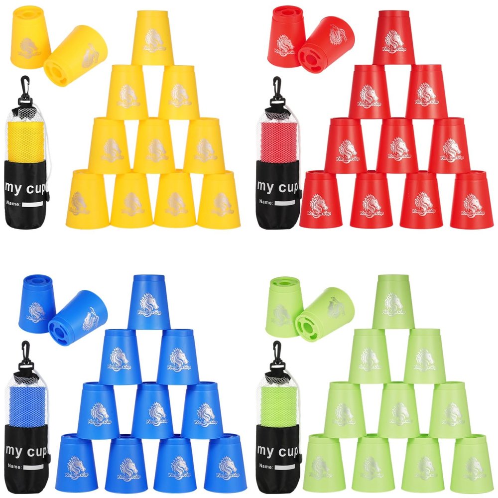 byepica 48-Piece Sport Stacking Cups Set, Horse Pattern Design, Speed Training Challenge for All Ages, Plastic Stacking Cups for Family Fun, Red, Blue, Green, Yellow