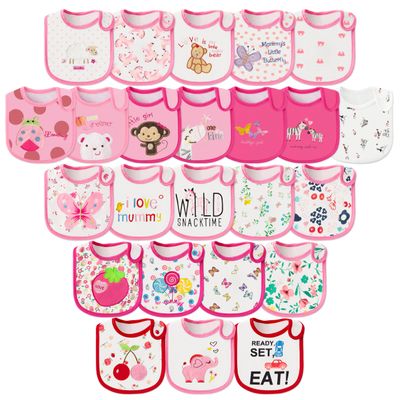 2ooya Cotton Waterproof Baby Bibs - 24Pcs Pink Adjustable Hook Loop Closure Food Bib Newborn Babies Infant Bibs Keepsake Baby Gift for Baby Girls Feeding Drooling Eating Teething, 6-12 Months