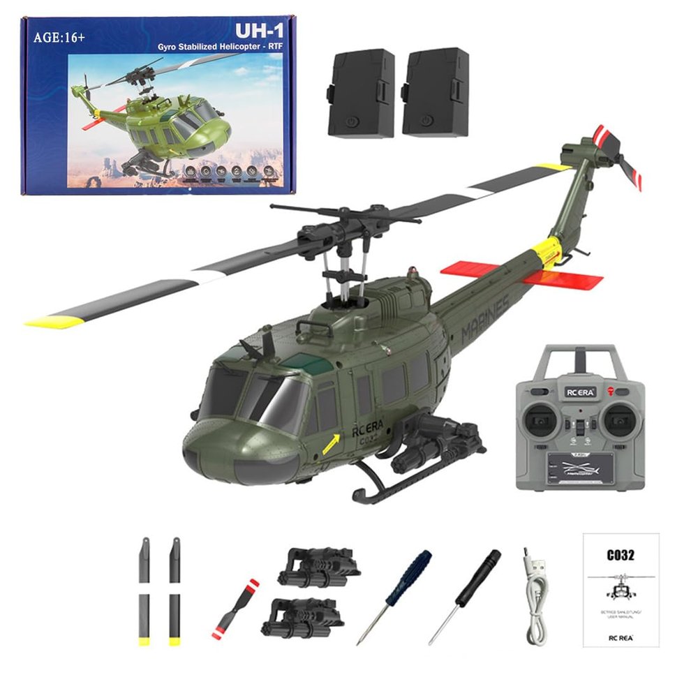 C032 UH-1 Huey RC Helicopter for Adults, 1/48 Scale 2.4G 6CH Flybarless Remote Control Military Helicopter, 3D Stunt Flight & High-Precision RC Airplane for Beginners (Green (2 Batteries))