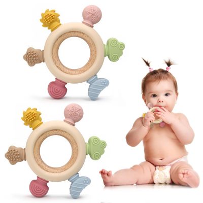 2 Pack Baby Teething Toys for 0-6 & 6-12 Month Infants, Silicone Baby Chew Toys with Wooden Ring Toy (for Newborn Boys & Girls), Ideal for Relieving Teething Discomfort & Soothing Fussy Moods
