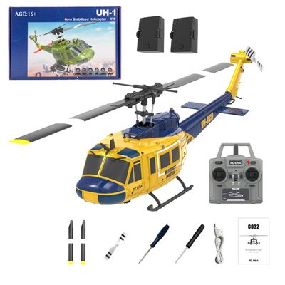 C032 UH-1 Huey RC Helicopter for Adults, 1/48 Scale 2.4G 6CH Flybarless Remote Control Military Helicopter, 3D Stunt Flight & High-Precision RC Airplane for Beginners (Yellow-Blue(2 Batteries))
