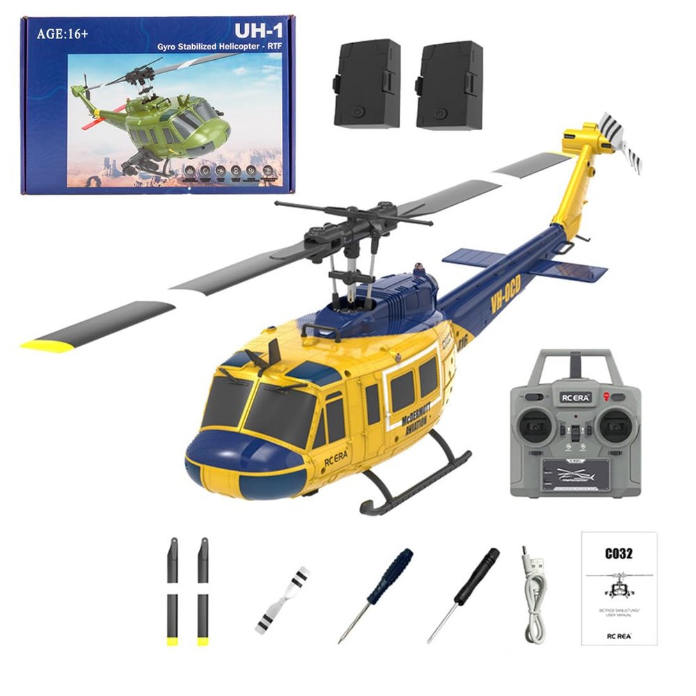 C032 UH-1 Huey RC Helicopter for Adults, 1/48 Scale 2.4G 6CH Flybarless Remote Control Military Helicopter, 3D Stunt Flight & High-Precision RC Airplane for Beginners (Yellow-Blue(2 Batteries))