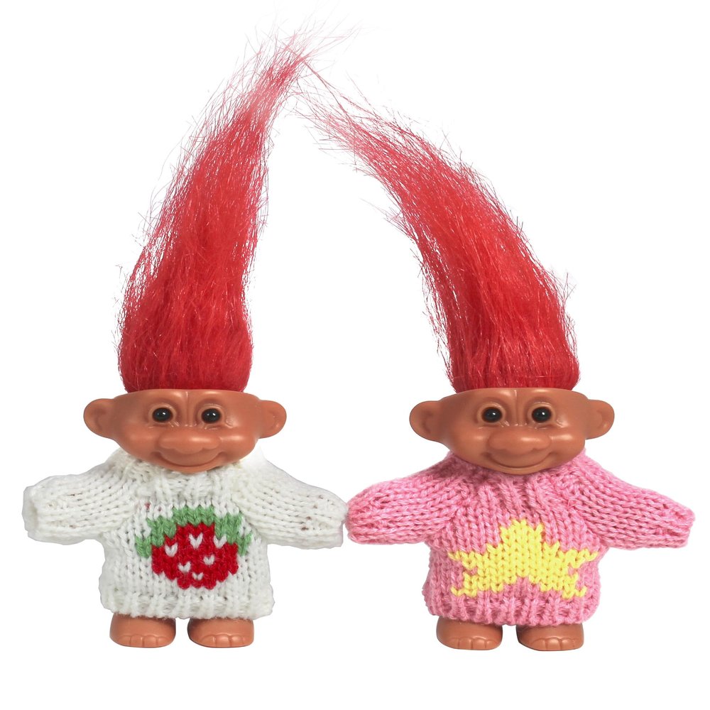 2 PCS Retro Lucky Troll Dolls in Hand-Knit Sweaters - Colorful, Adorable, Great for Collections, School Projects, Crafts & Party Favors (White&Pink)