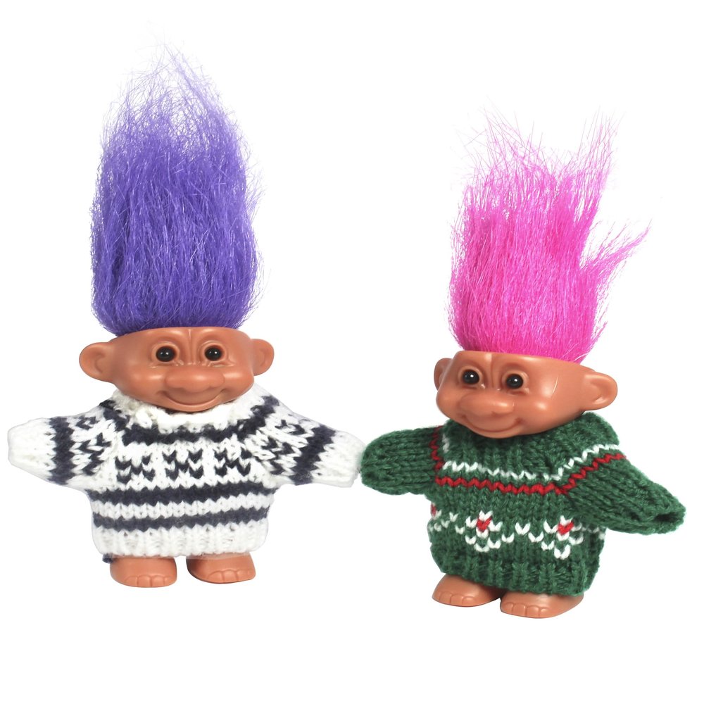 2 PCS Retro Lucky Troll Dolls in Hand-Knit Sweaters - Colorful, Adorable, Great for Collections, School Projects, Crafts & Party Favors (Black&Green)