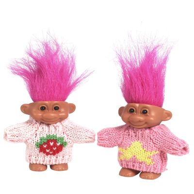 2 PCS Retro Lucky Troll Dolls in Hand-Knit Sweaters - Colorful, Adorable, Great for Collections, School Projects, Crafts & Party Favors (pink2)