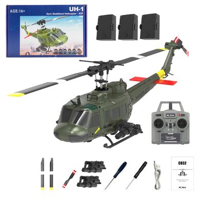 C032 UH-1 Huey RC Helicopter for Adults, 1/48 Scale 2.4G 6CH Flybarless Remote Control Military Helicopter, 3D Stunt Flight & High-Precision RC Airplane for Beginners (Green (3 Batteries))