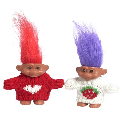 2 PCS Retro Lucky Troll Dolls in Hand-Knit Sweaters - Colorful, Adorable, Great for Collections, School Projects, Crafts & Party Favors (red&White)