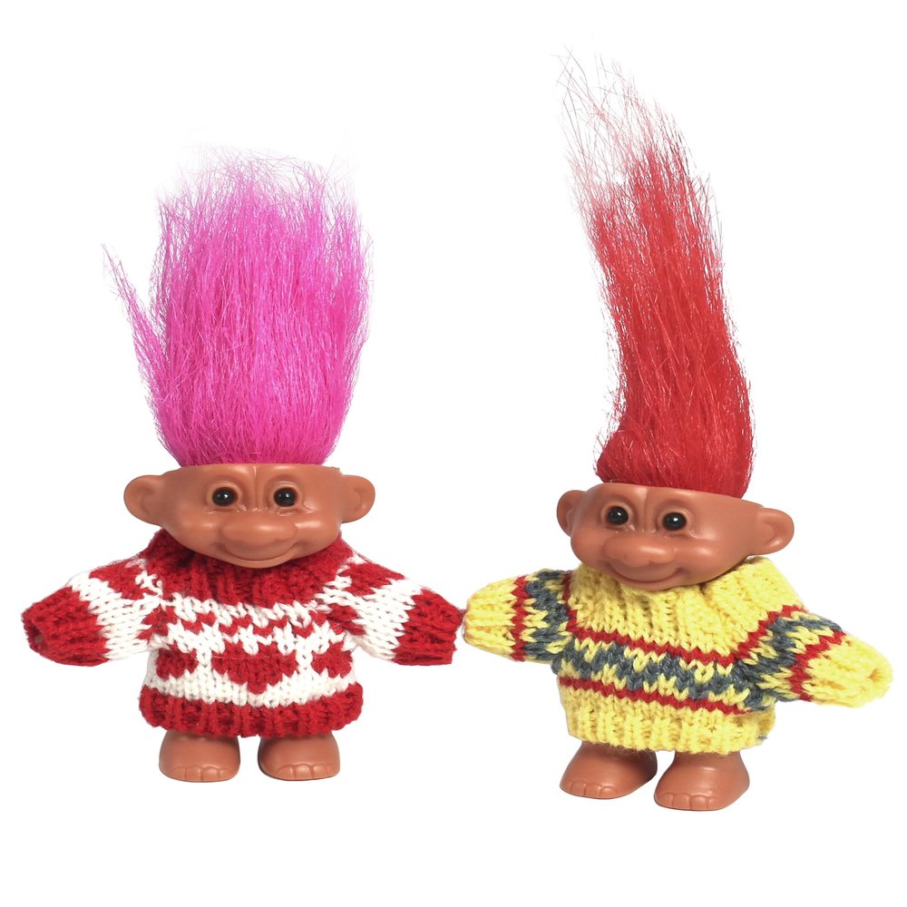 2 PCS Retro Lucky Troll Dolls in Hand-Knit Sweaters - Colorful, Adorable, Great for Collections, School Projects, Crafts & Party Favors (red&Yellow)