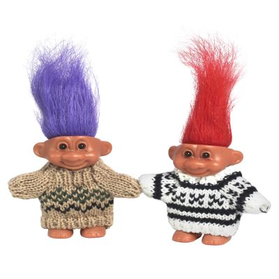 2 PCS Retro Lucky Troll Dolls in Hand-Knit Sweaters - Colorful, Adorable, Great for Collections, School Projects, Crafts & Party Favors (Black&Brown)