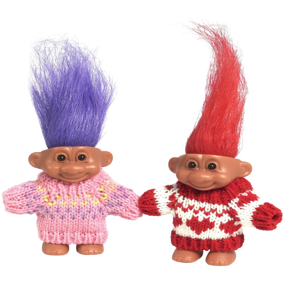 2 PCS Retro Lucky Troll Dolls in Hand-Knit Sweaters - Colorful, Adorable, Great for Collections, School Projects, Crafts & Party Favors (Pink&red)