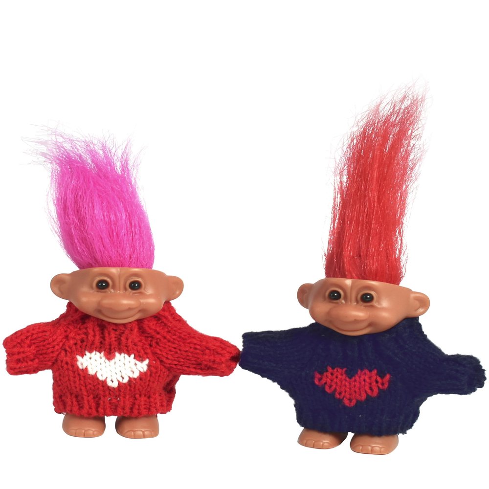 2 PCS Retro Lucky Troll Dolls in Hand-Knit Sweaters - Colorful, Adorable, Great for Collections, School Projects, Crafts & Party Favors (Blue&red)