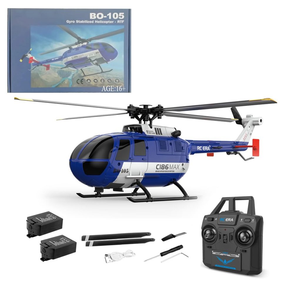 C186MAX BO105 RC Helicopter for Adults, 1:48 2.4G 4CH RTF Single Flybarless Direct-Drive RC Helicopter Outdoor, RC Aircraft Optical Flow Positioning 6-axis Gyroscope Low Voltage Alarm (2 Batteries)