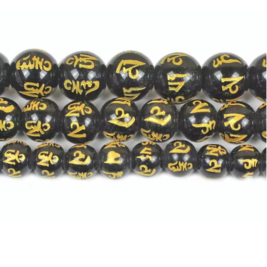 Black Buddhism Golden Mantra Bead Pick Size 8/10/12mm Necklace Bracelet DIY Makings,Golden,10mm 38pcs Beads