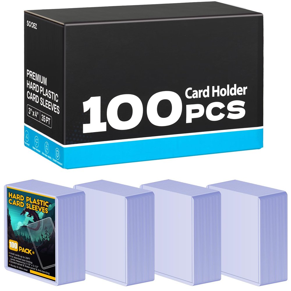 100 Count Card Sleeves Hard Plastic, Sooez 35PT Card Holder, 3" x 4" Baseball Card Protector, Rigid Card Case for Collectible Game Cards, Standard Size Trading Sports Football Cards