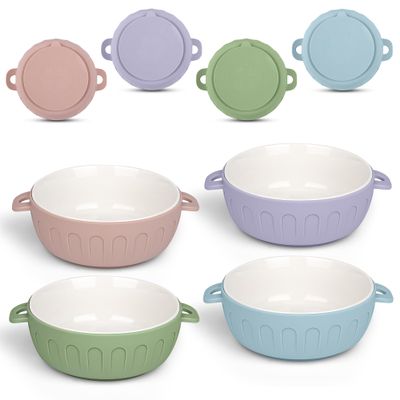 iNeibo 4 Packs Porcelain Baby Bowls with Silicone Sleeve for Toddler Feeding, BPA-Free, Non Slip, Microwave & Dishwasher Safe (Suction cup, Blue+Green+Pink+Purple)