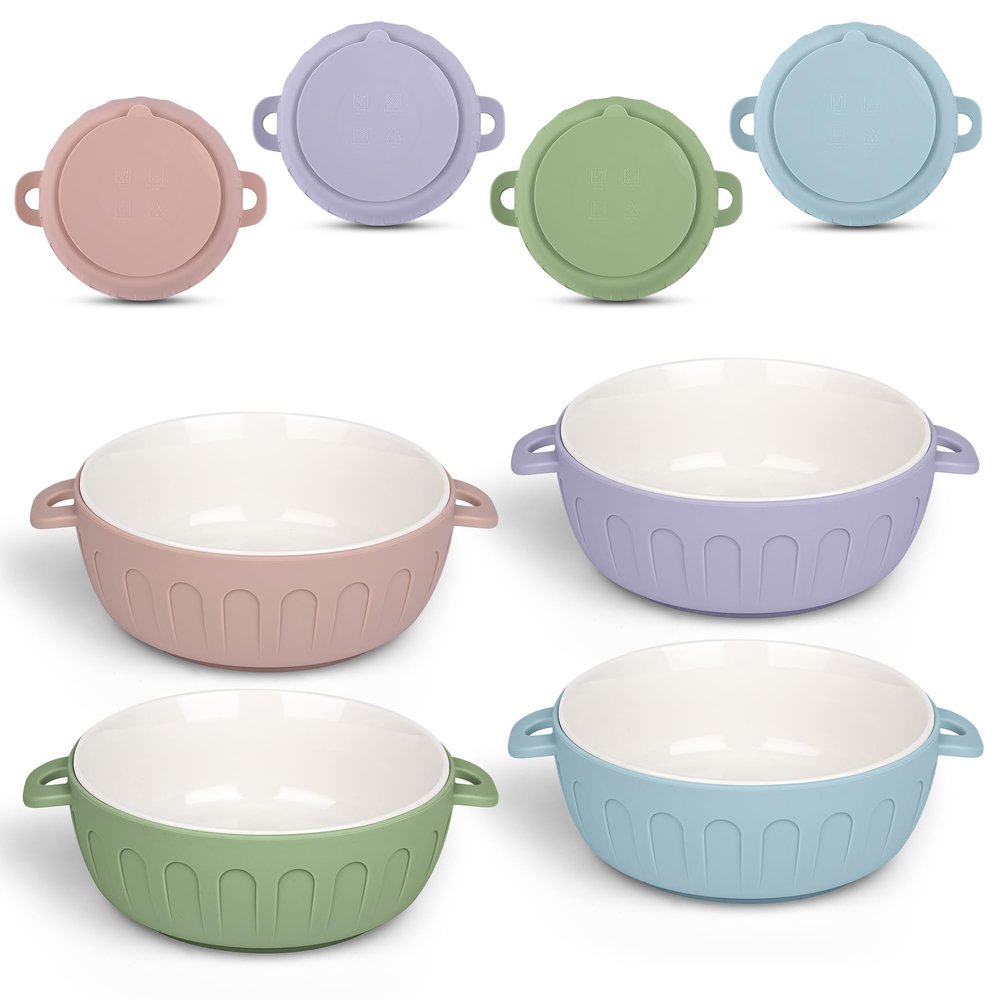 iNeibo 4 Packs Porcelain Baby Bowls with Silicone Sleeve for Toddler Feeding, BPA-Free, Non Slip, Microwave & Dishwasher Safe (Suction cup, Blue+Green+Pink+Purple)