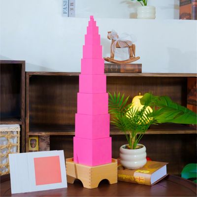 Premium Montessori Large Pink Tower with Stand & Cards, Beechwood Sensorial Materials for Kids, Montessori Toys for Ages 3-6, Educational Size Discrimination Toy, Wooden Sensory Toys for Toddlers