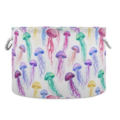 GOODOLD Watercolor Jellyfish Extra Large Storage Basket Decorative Laundry Basket with Handles, Rope Basket for Clothes, Blanket, Towel, 20 x 14 Inch