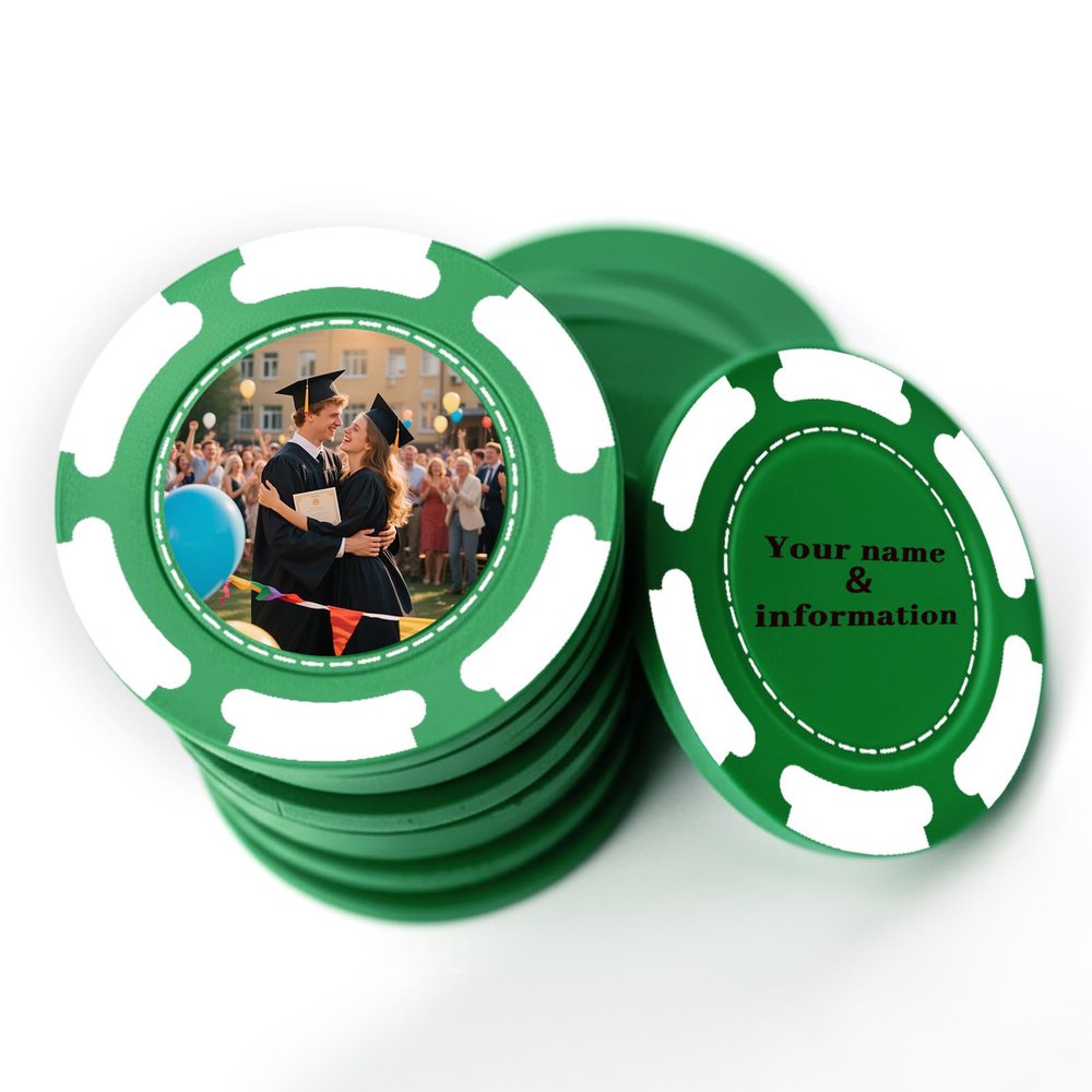100 Custom Poker Chips, 9 Colors Plastic Blank Poker Chips, Custom Poker Chips with Logo, Image, Text, Double Side Full Color Printing Custom Tokens for Bar, Casino Night, Events (Green, 40MM)