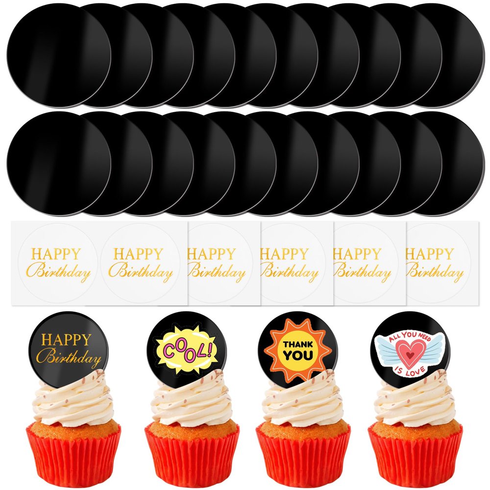 20 Pcs 2 Inch Black Round Blank Acrylic Cupcake Toppers with 20 Pcs Stickers Mirror DIY Circle Cake Toppers for Birthday Party Wedding Cupcake Decorations Back to School